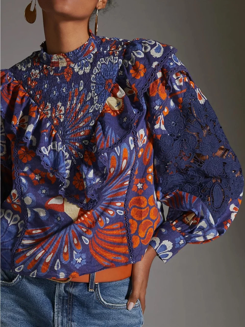 FARM Rio Navy & Orange Floral Lace Puff-Sleeve Blouse